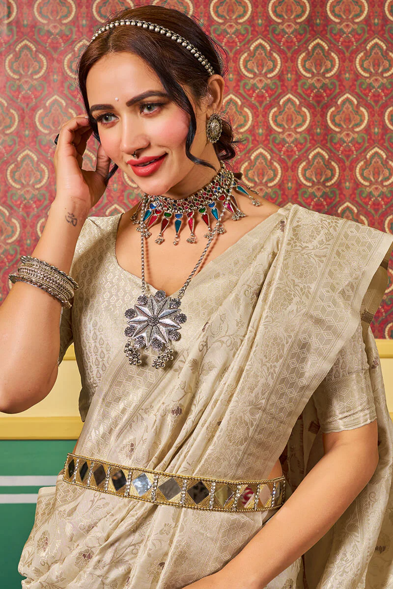 Transcendent Beige Soft Banarasi Silk Saree With Whimsical Blouse Piece - Image 4