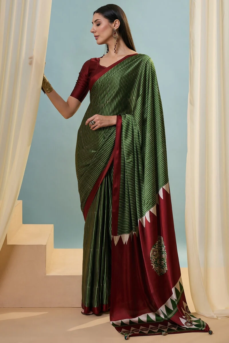 Transcendent Dark Green Ajrakh Printed Semi Modal Silk Saree With Winsome Blouse Piece - Image 3
