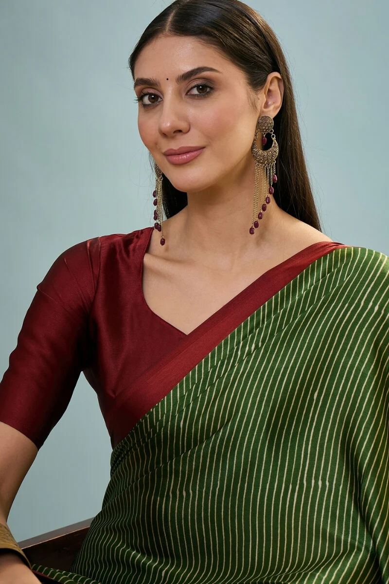 Transcendent Dark Green Ajrakh Printed Semi Modal Silk Saree With Winsome Blouse Piece - Image 4