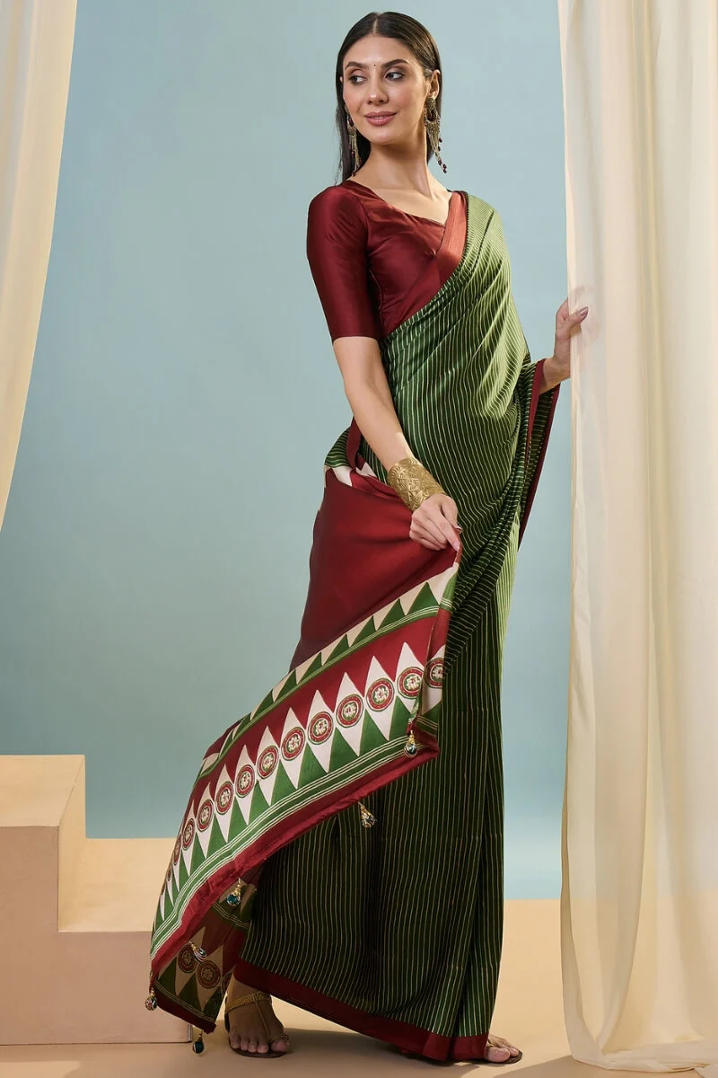 Transcendent Dark Green Ajrakh Printed Semi Modal Silk Saree With Winsome Blouse Piece - Image 5
