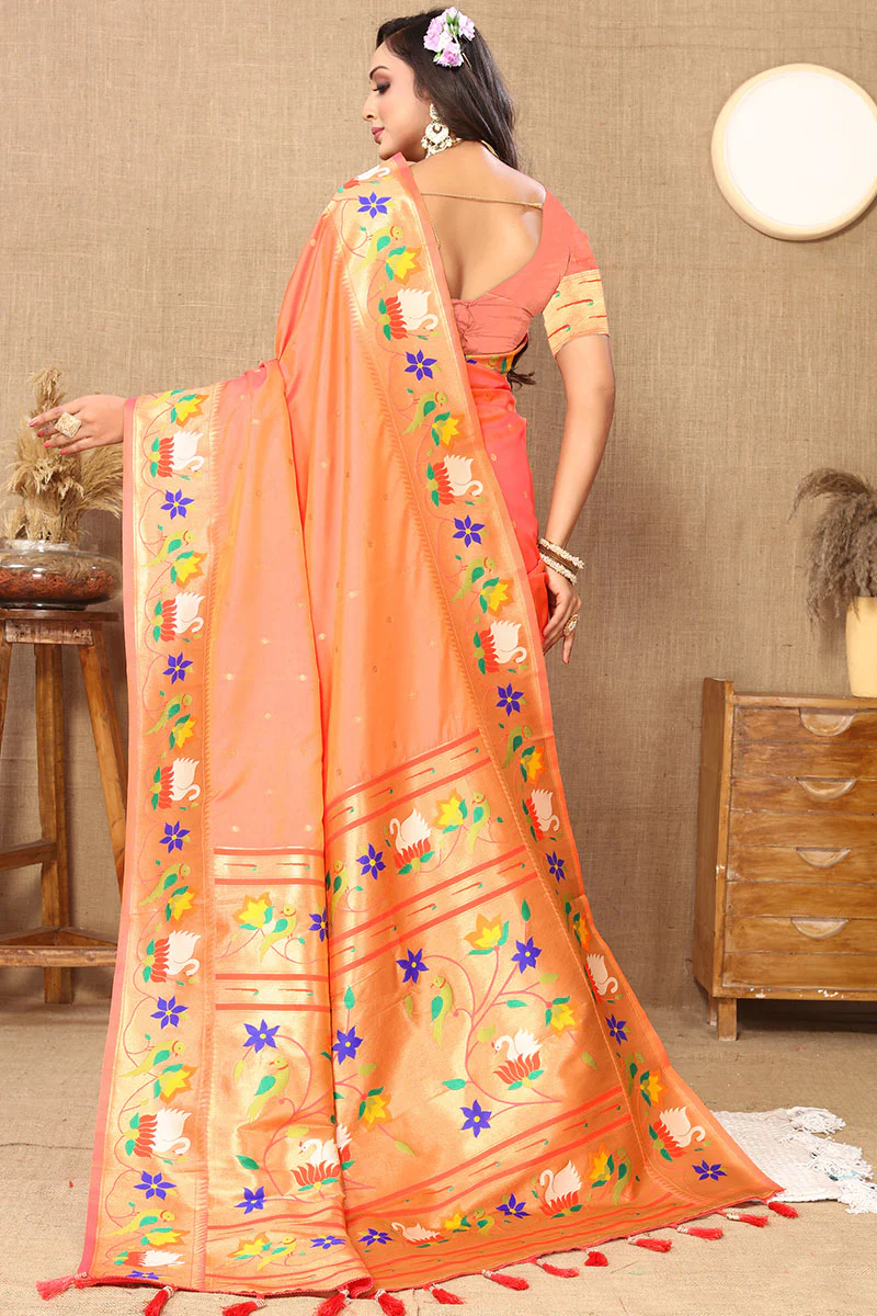 Transcendent Peach Paithani Silk Saree With Vivacious Blouse Piece - Image 5