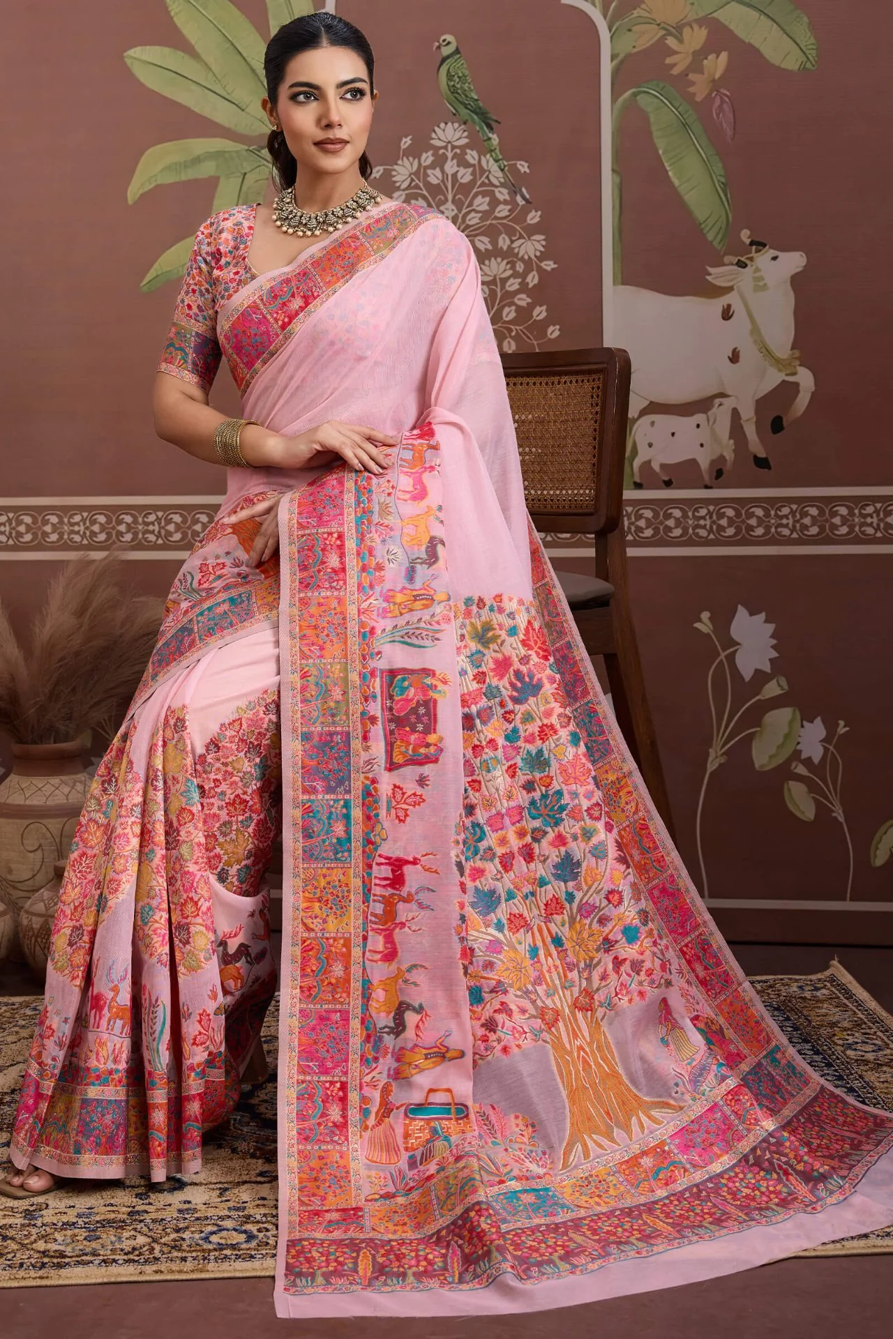 Transcendent Pink Pashmina saree With Flamboyant Blouse Piece - Image 3
