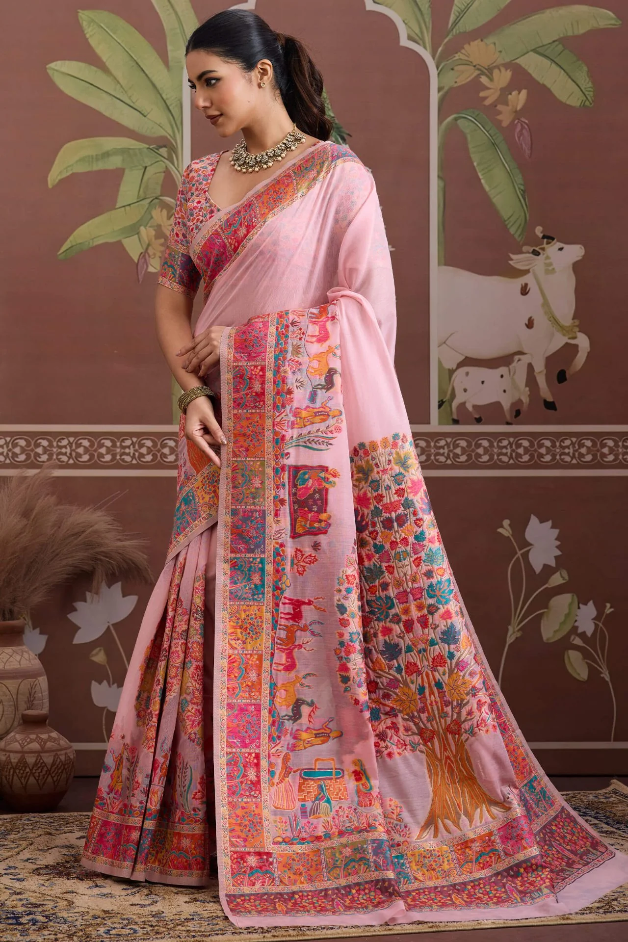 Transcendent Pink Pashmina saree With Flamboyant Blouse Piece - Image 5