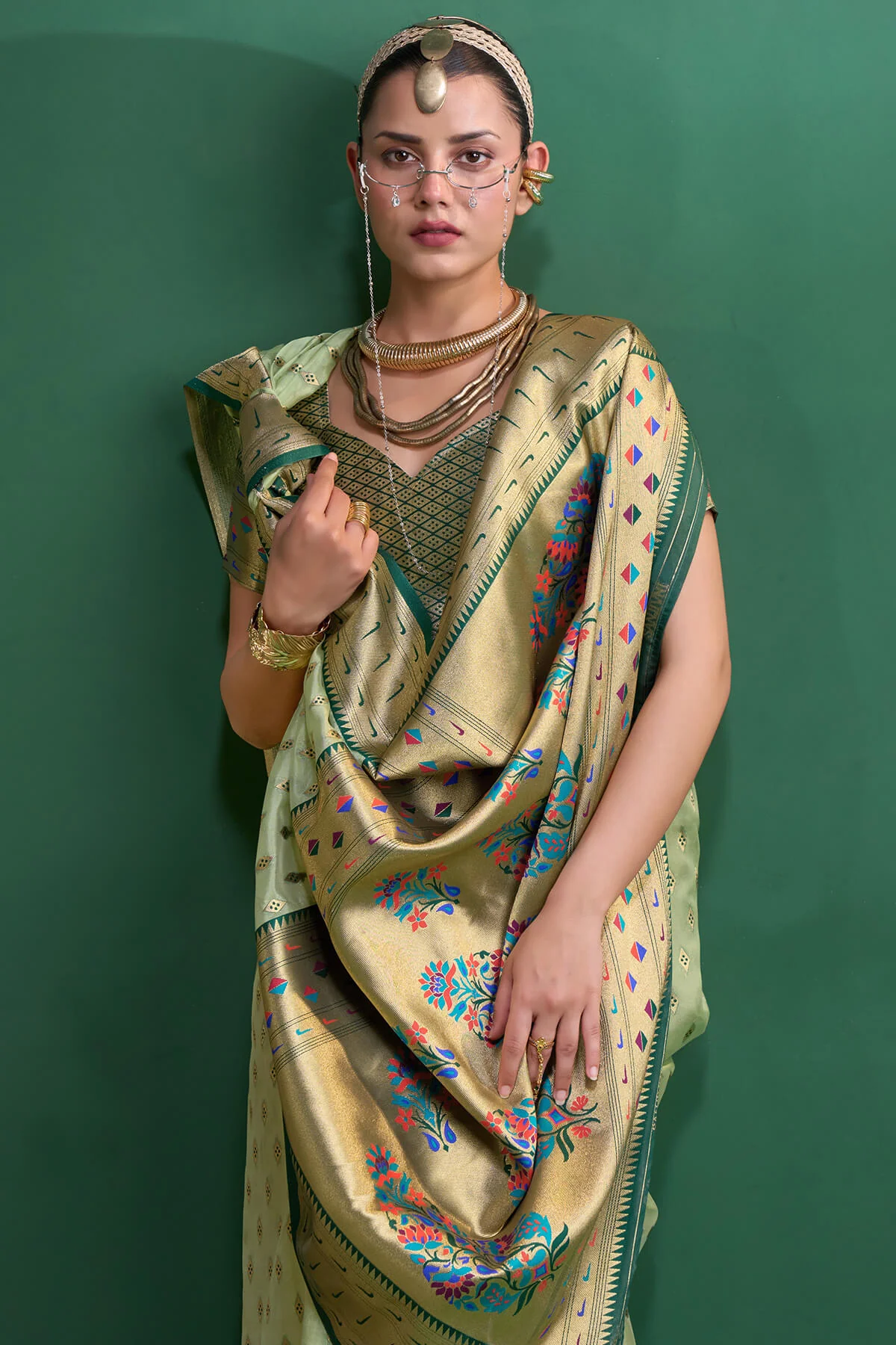 Transcendent Pista Organza Paithani Silk Saree With Diaphanous Blouse Piece - Image 4