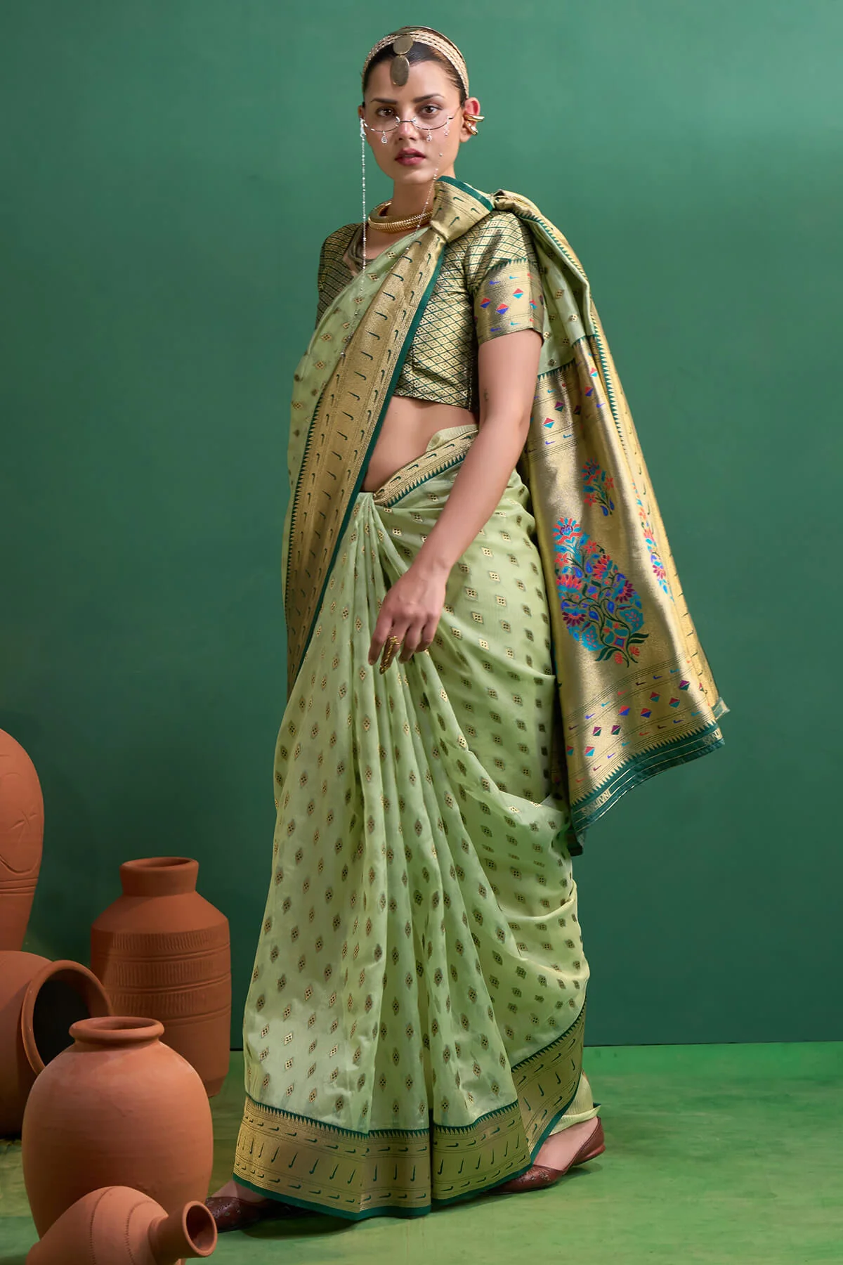 Transcendent Pista Organza Paithani Silk Saree With Diaphanous Blouse Piece - Image 5