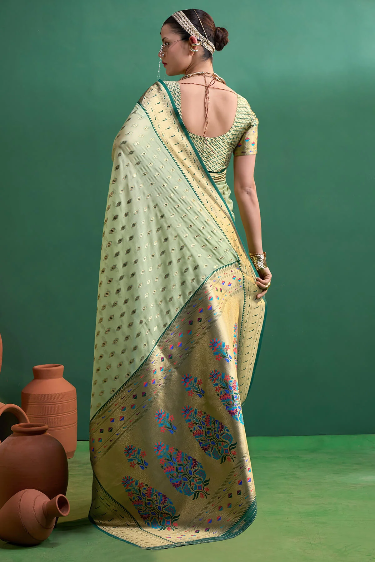 Transcendent Pista Organza Paithani Silk Saree With Diaphanous Blouse Piece - Image 6