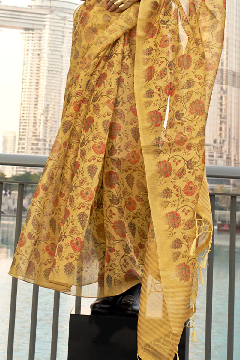 Transcendent Yellow Digital Printed Tissue Silk Saree With Artistic Blouse Piece - Image 3