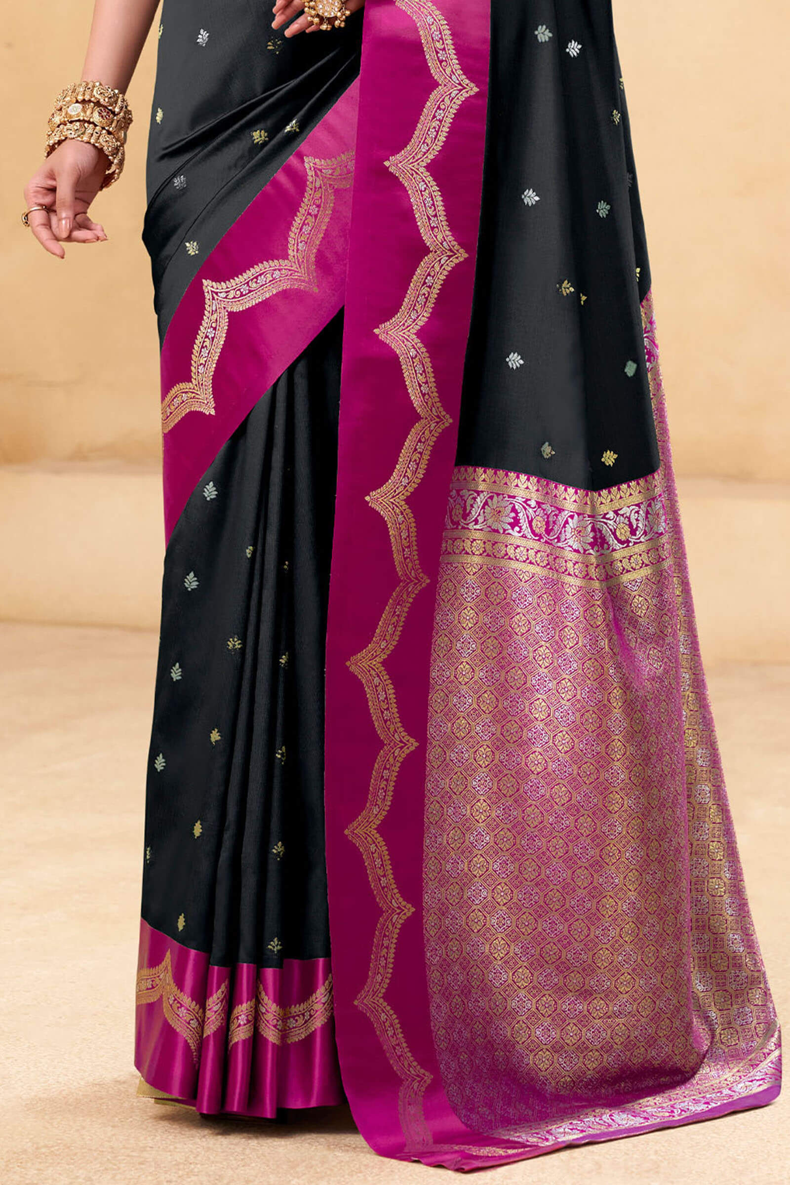 Tremendous Black Banarasi Satin Silk Saree With Dissemble Blouse - Image 3