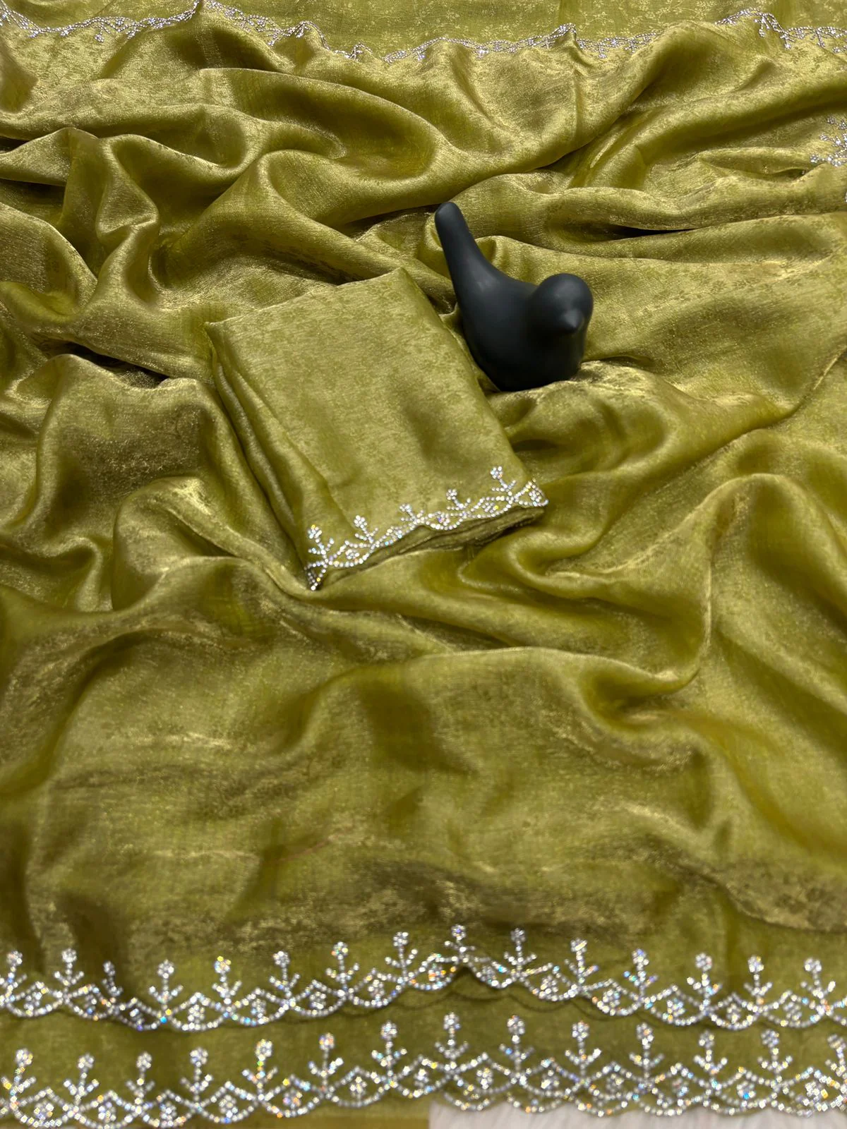 Tremendous Green Swarovski Work Fandy Silk Saree With Aplomb Blouse Piece - Image 3