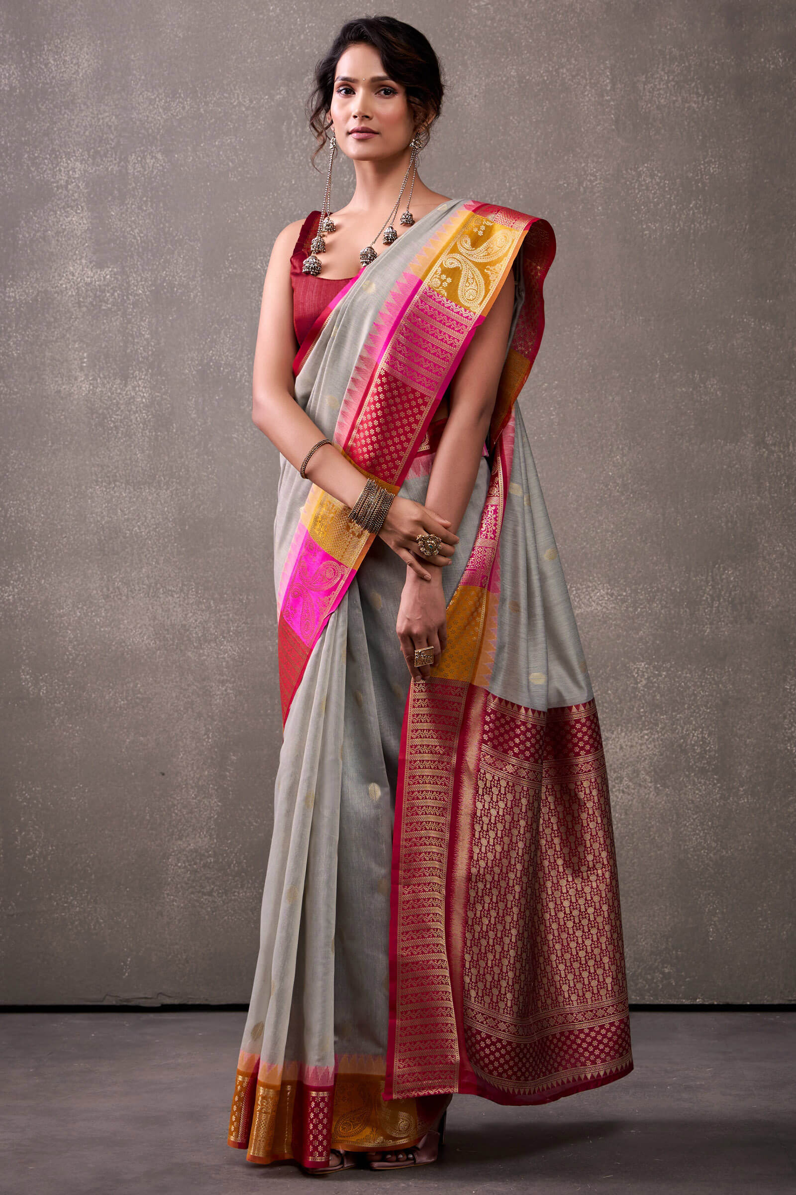Tremendous Grey Cotton Silk Saree With Zephyr Blouse Piece - Image 3