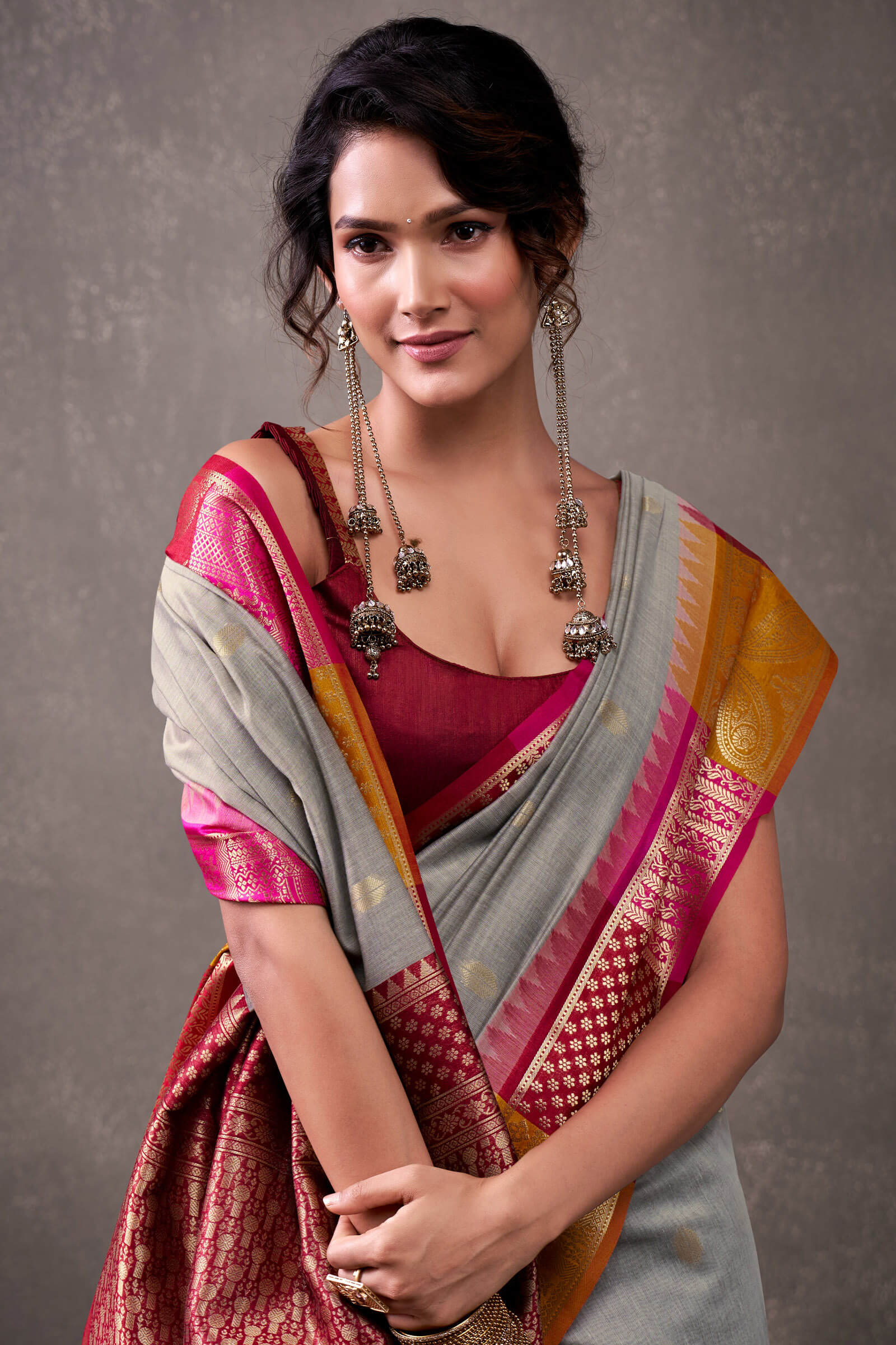 Tremendous Grey Cotton Silk Saree With Zephyr Blouse Piece - Image 4