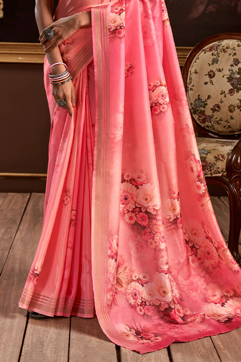 Tremendous Pink Digital Printed Soft Silk Saree With Alluring Blouse Piece - Image 3