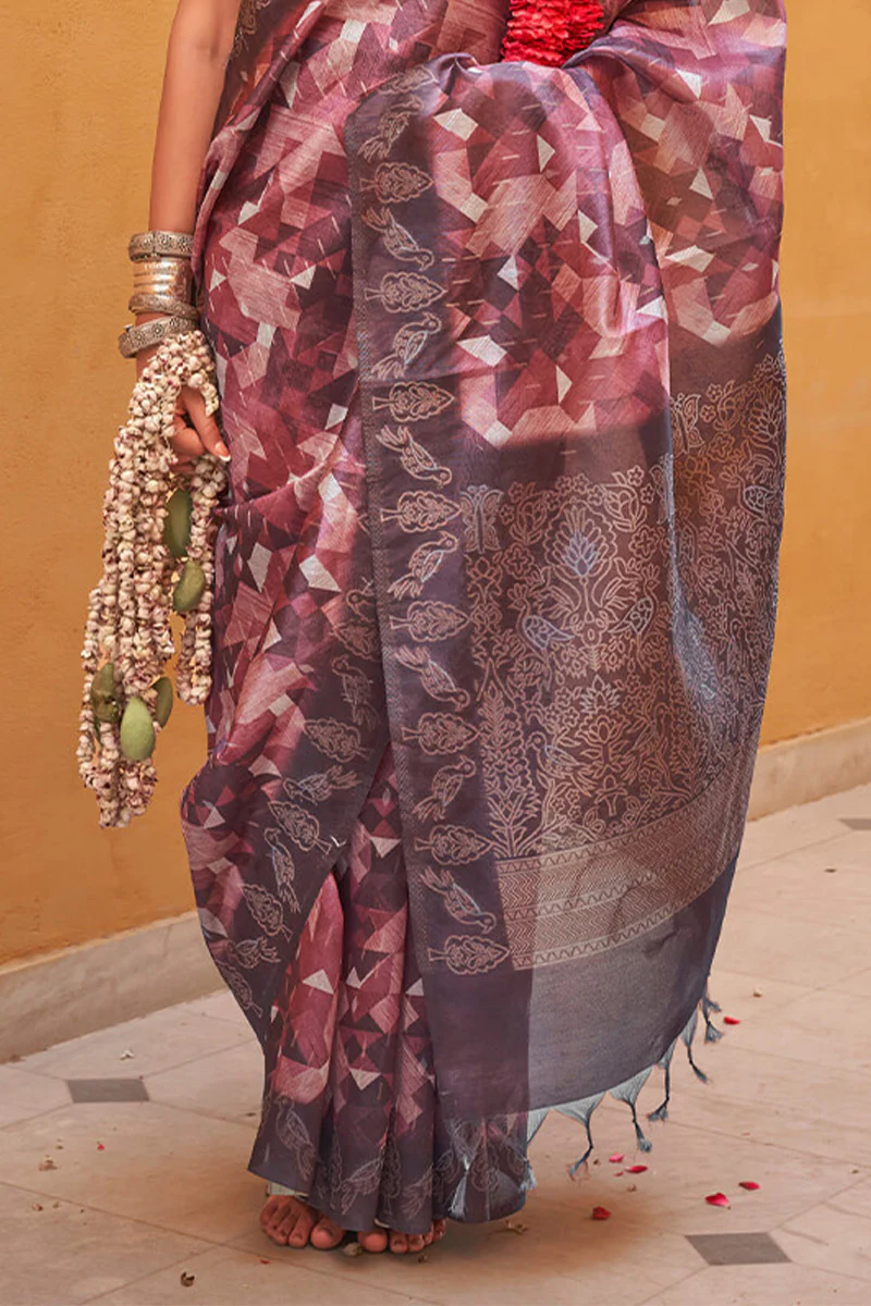 Tremendous Wine Digital Printed Cotton Silk Saree With Amazing Blouse Piece - Image 3