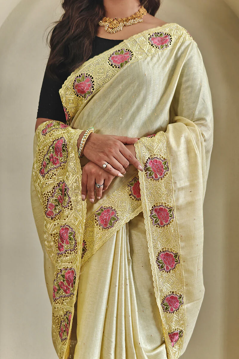 Tremendous Yellow Embroidery Work Tussar Silk Saree With Stylish Blouse Piece - Image 2