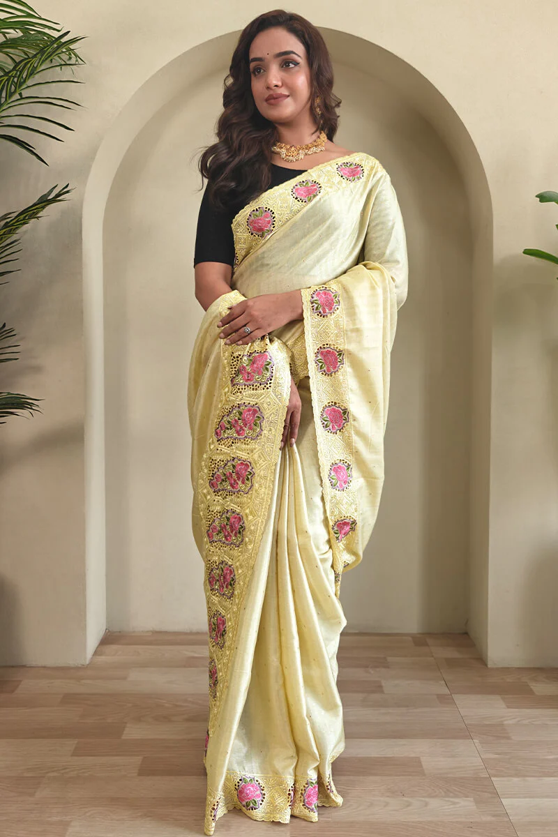 Tremendous Yellow Embroidery Work Tussar Silk Saree With Stylish Blouse Piece - Image 3