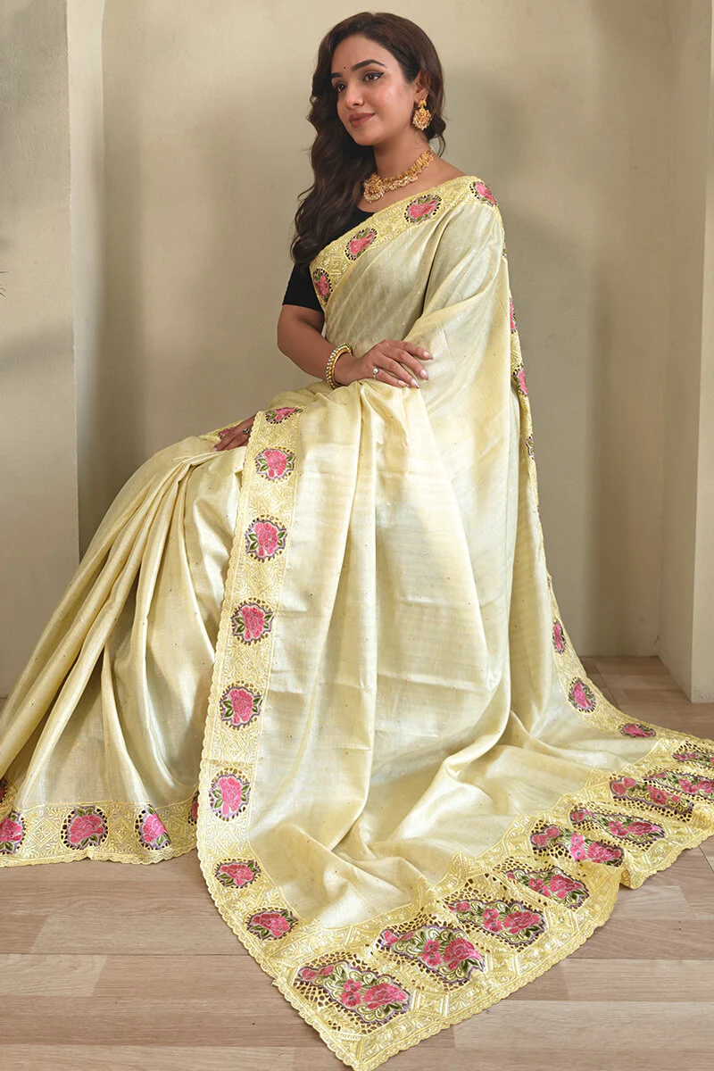 Tremendous Yellow Embroidery Work Tussar Silk Saree With Stylish Blouse Piece - Image 4