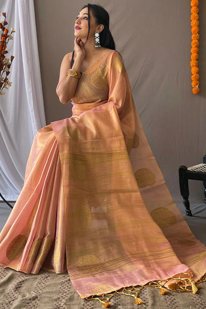 Trendy Baby Pink Soft Banarasi Tissue Silk Saree With Flattering Blouse Piece - Image 3