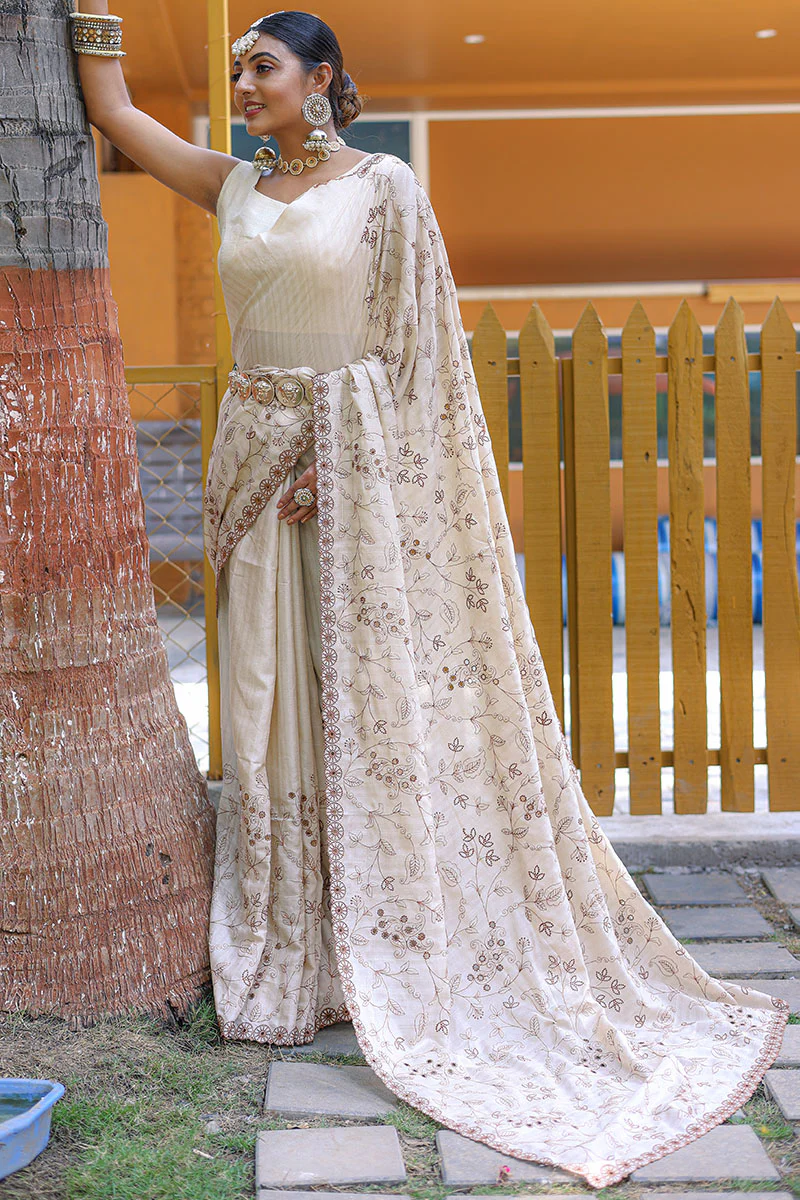Trendy Beige Embroidery Work Soft Silk Saree With Sophisticated Blouse Piece - Image 3