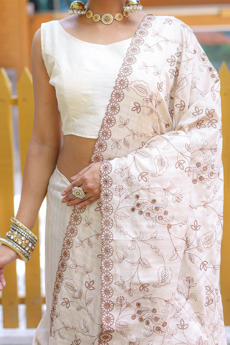 Trendy Beige Embroidery Work Soft Silk Saree With Sophisticated Blouse Piece - Image 4