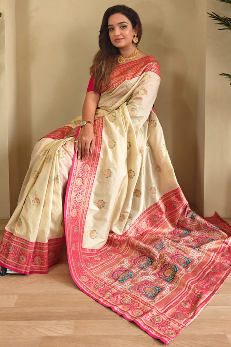Trendy Beige Soft Banarasi Silk Saree With Extraordinary Blouse Piece - Image 2