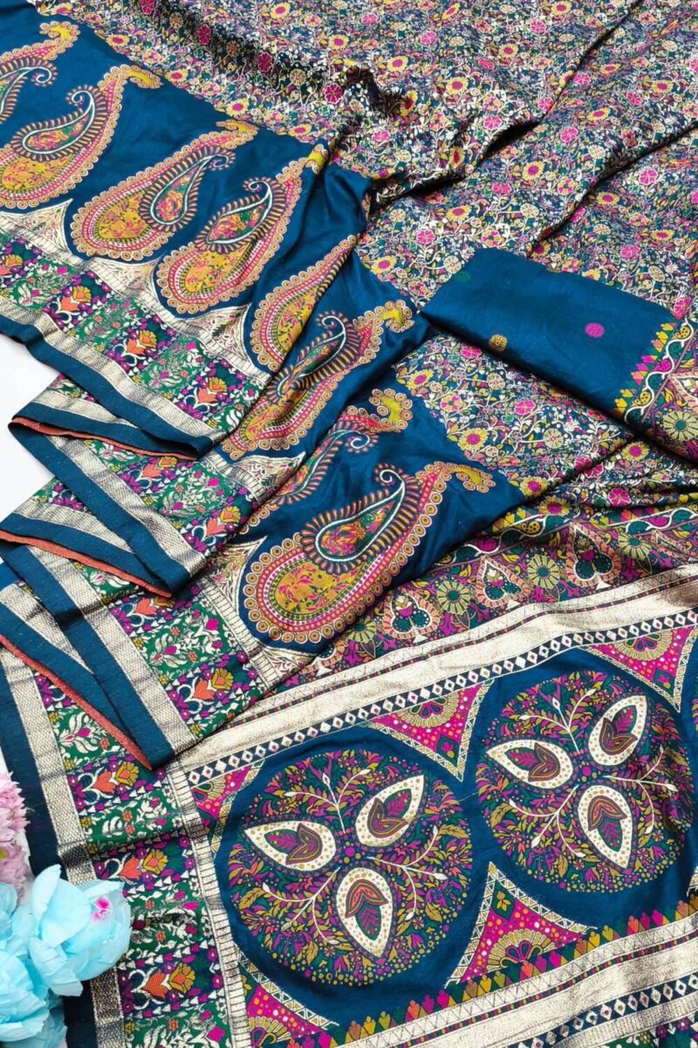 Trendy Blue Nylon Dola Pashmina Saree With Precious Blouse Piece - Image 3