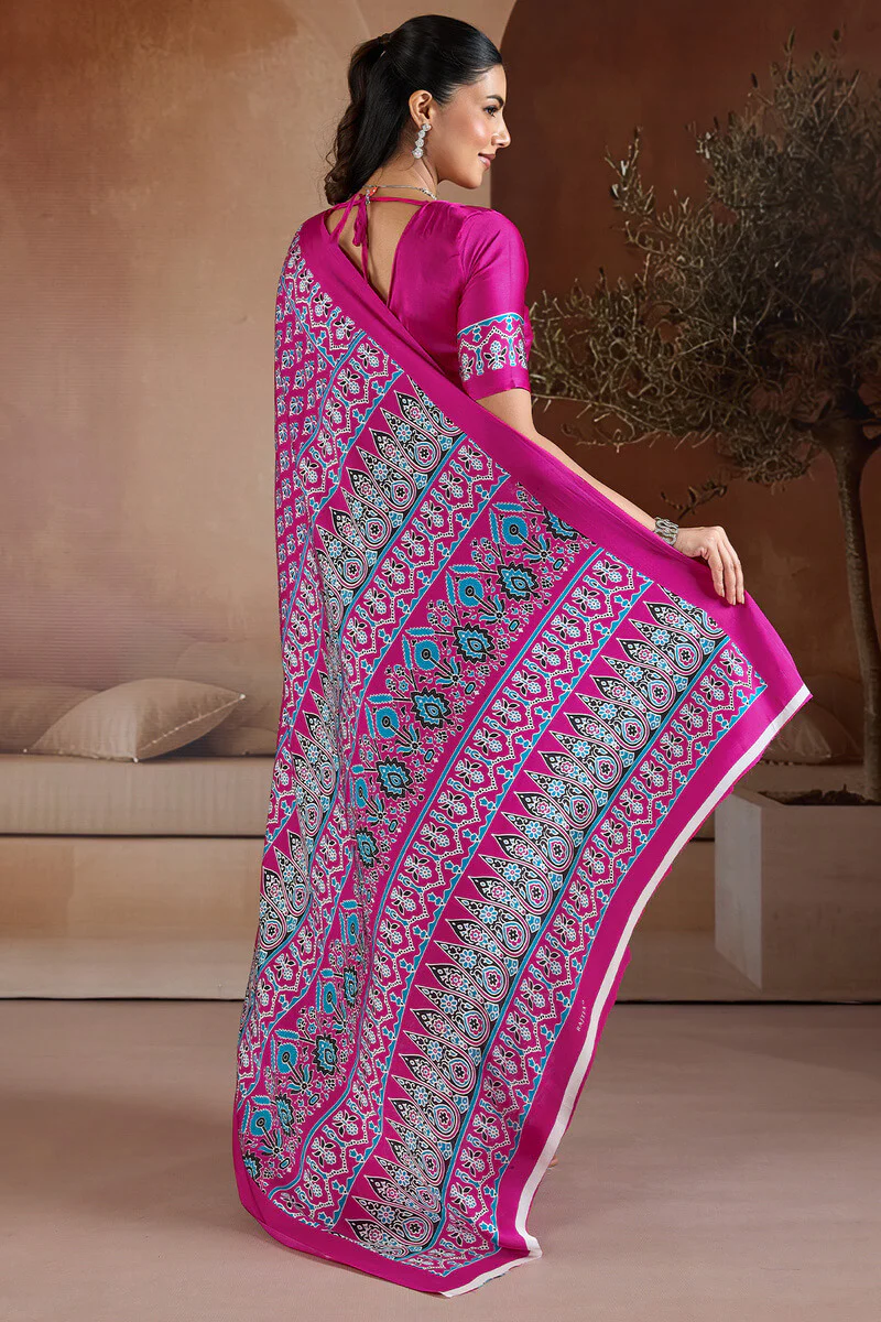 Trendy Dark Pink Ajrakh Printed Satin Silk Saree With Glorious Blouse Piece - Image 6