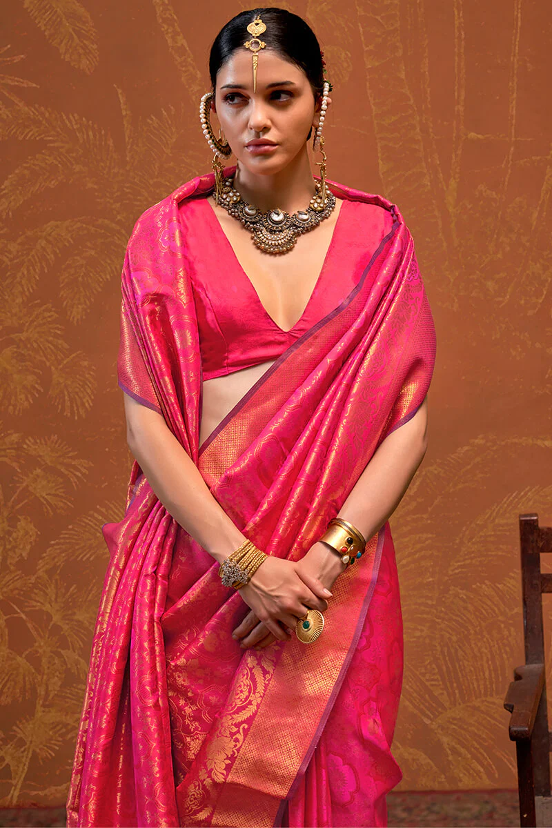 Trendy Dark Pink Kanjivaram Silk Saree With Flattering Blouse Piece - Image 4