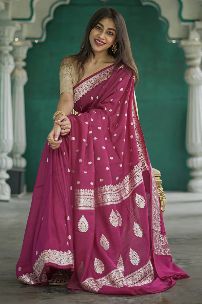 Trendy Dark Pink Linen Silk Saree With Profuse Blouse Piece - Image 3