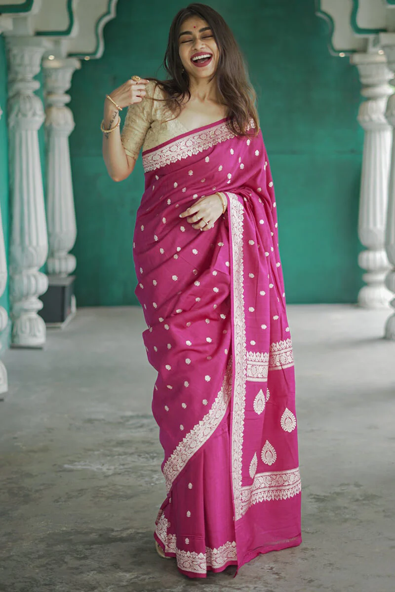 Trendy Dark Pink Linen Silk Saree With Profuse Blouse Piece - Image 5