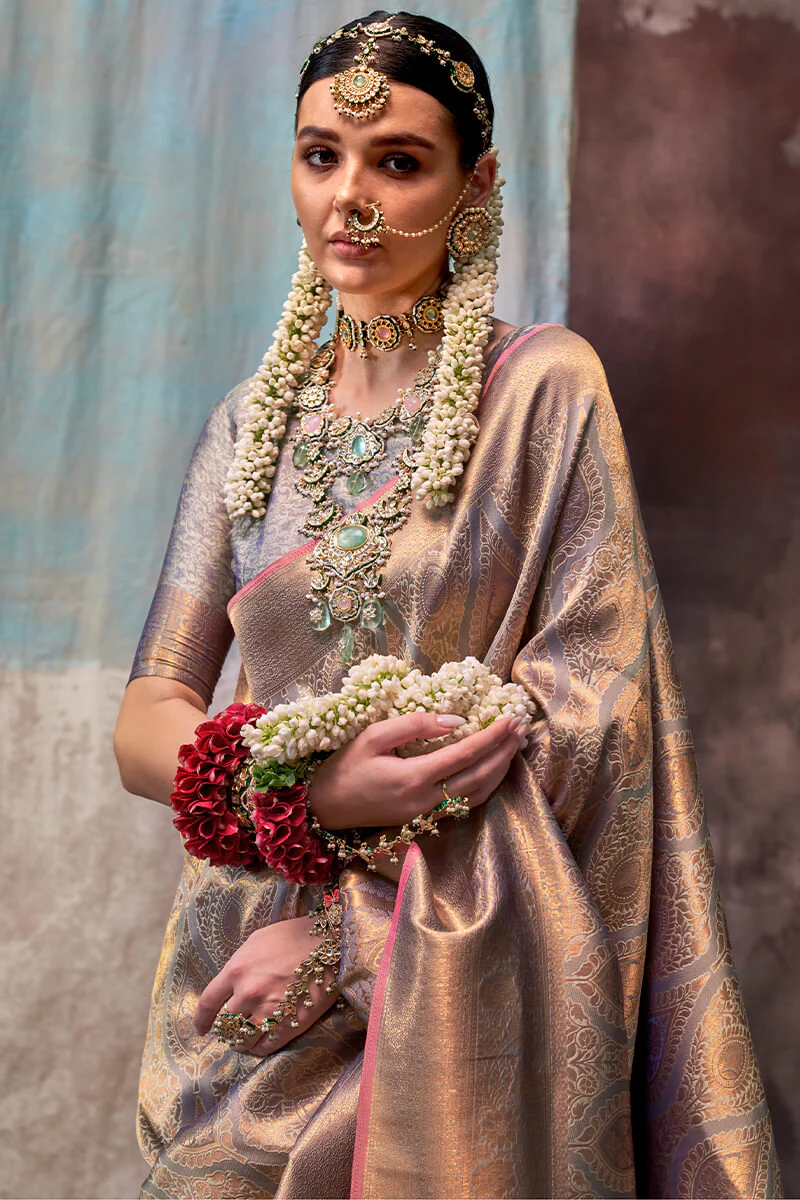 Trendy Grey Kanjivaram Silk Saree With Girlish Blouse Piece - Image 2