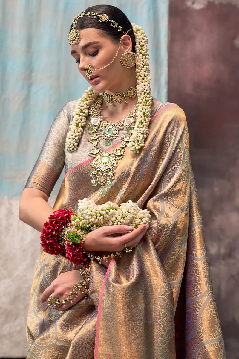Trendy Grey Kanjivaram Silk Saree With Girlish Blouse Piece - Image 5