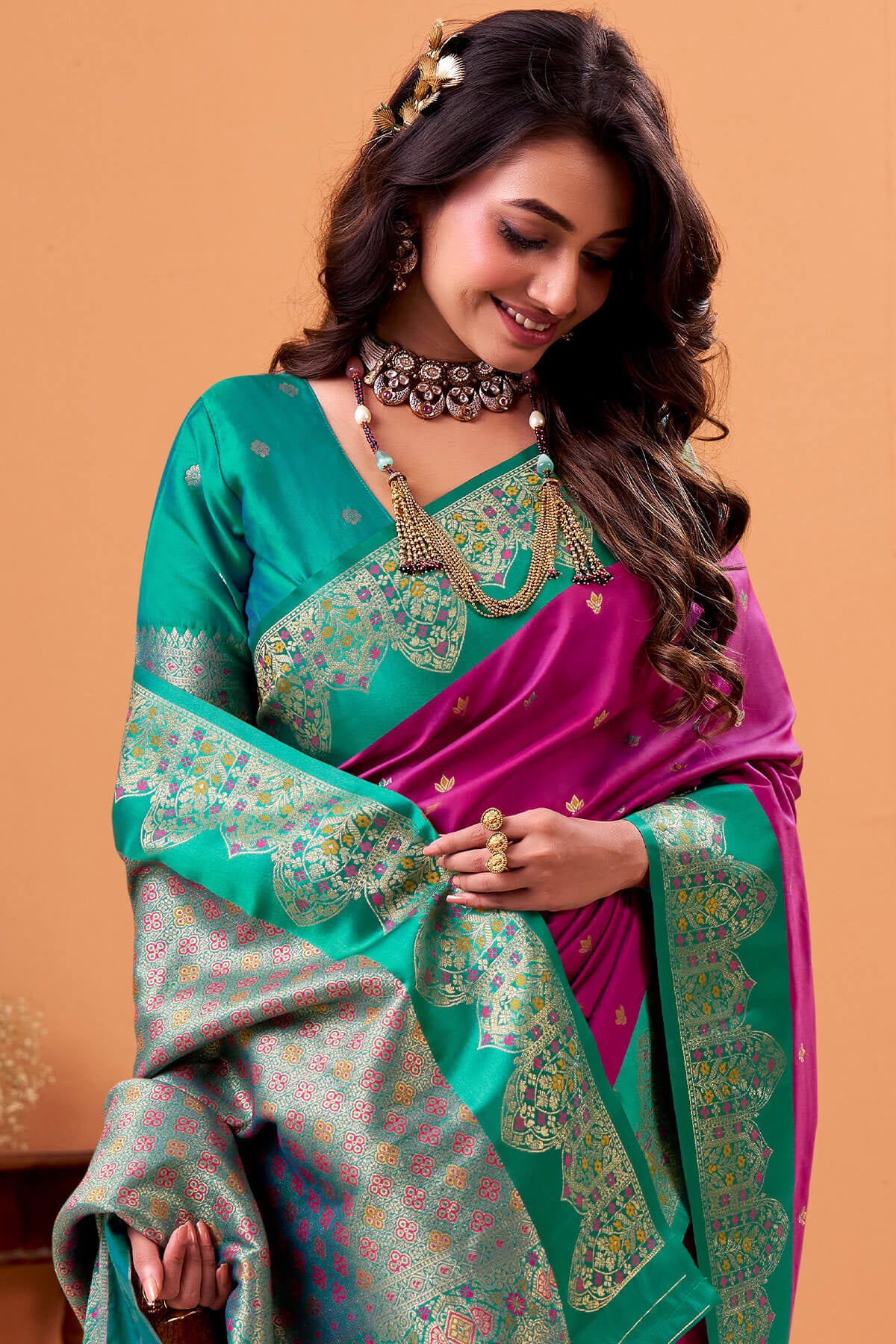 Trendy Magenta Banarasi Satin Silk Saree With Twirling Blouse - Image 3