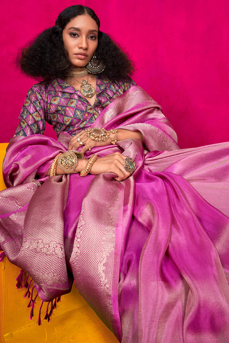 Trendy Magenta Soft Banarasi Tissue Silk Saree With Pleasant Blouse Piece - Image 2