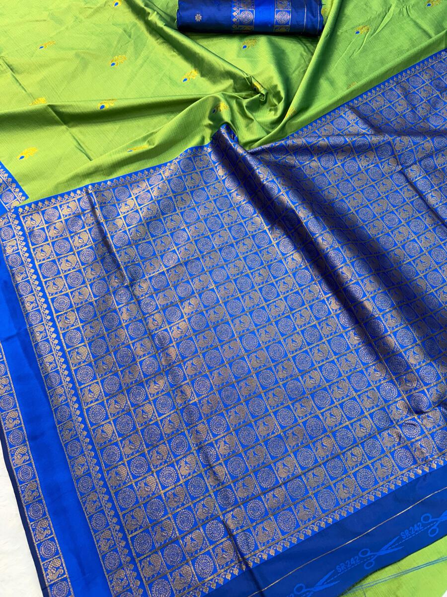 Trendy Parrot Soft Banarasi Silk Saree With Hypnotic Blouse Piece - Image 2