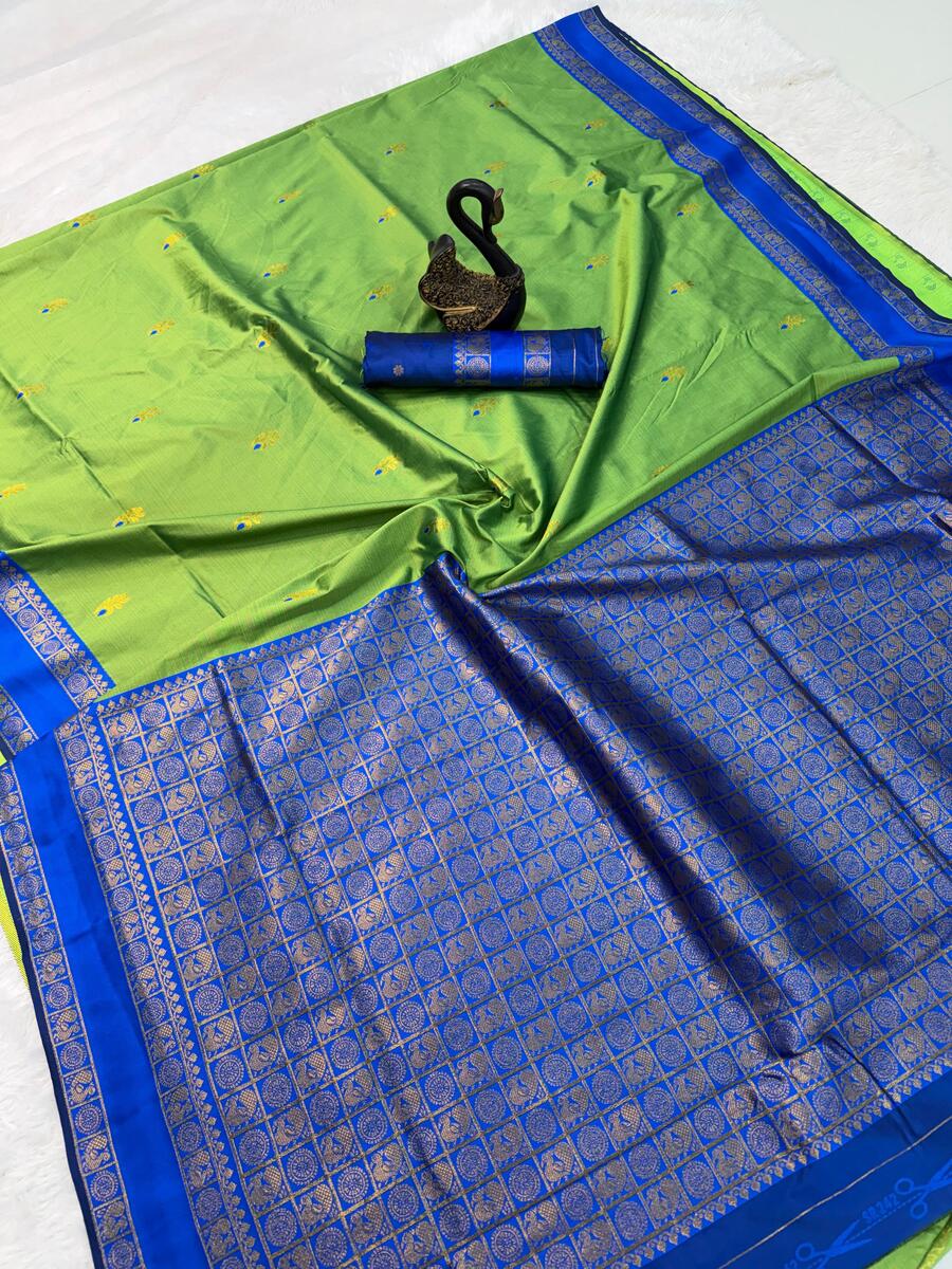 Trendy Parrot Soft Banarasi Silk Saree With Hypnotic Blouse Piece - Image 3