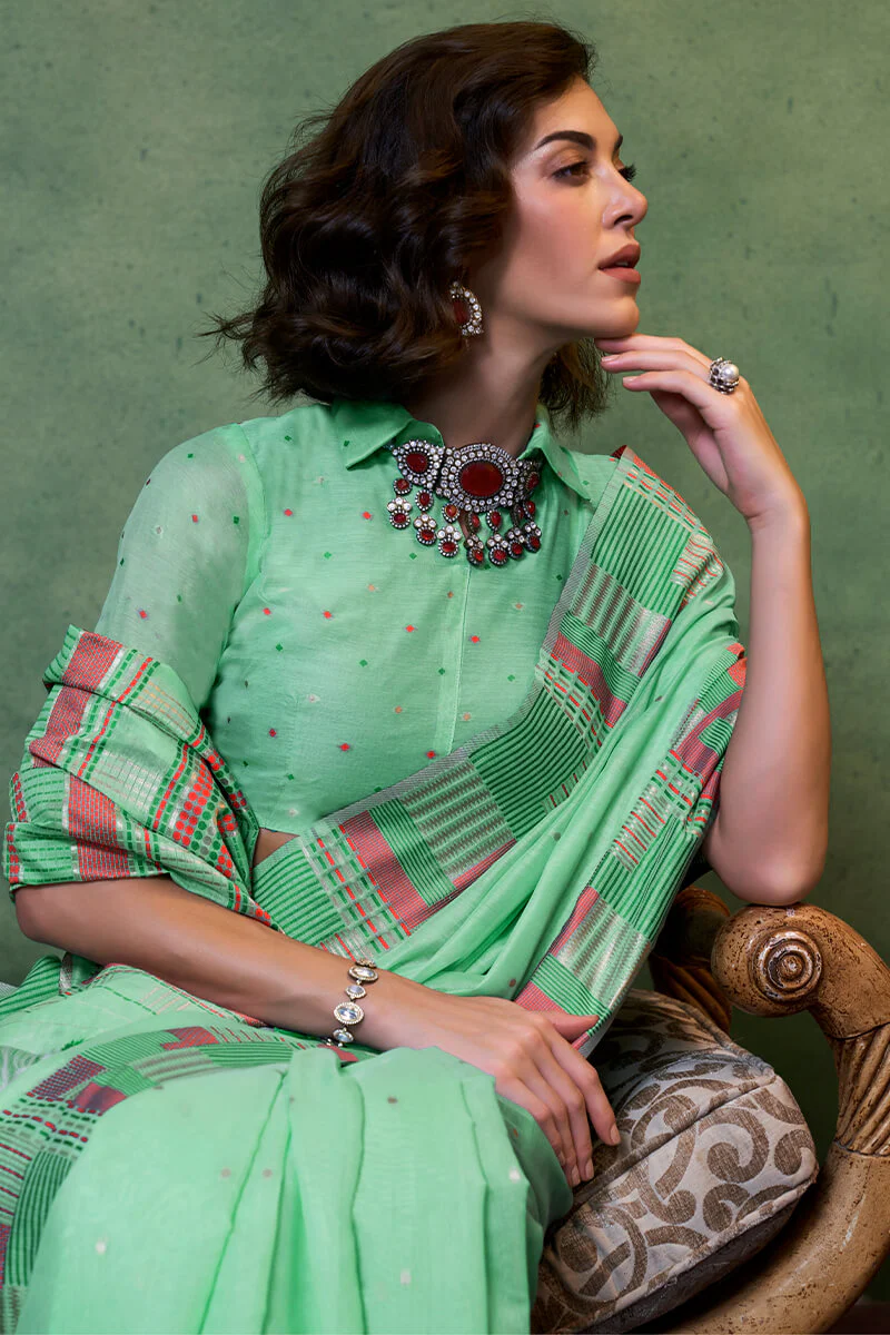 Trendy Sea Green Cotton Silk Saree With Sizzling Blouse Piece - Image 2
