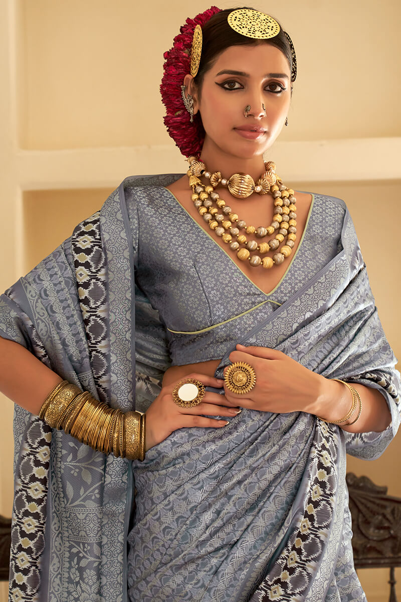 Trendy Silver Digital Printed Soft Silk Saree With Glorious Blouse Piece - Image 2