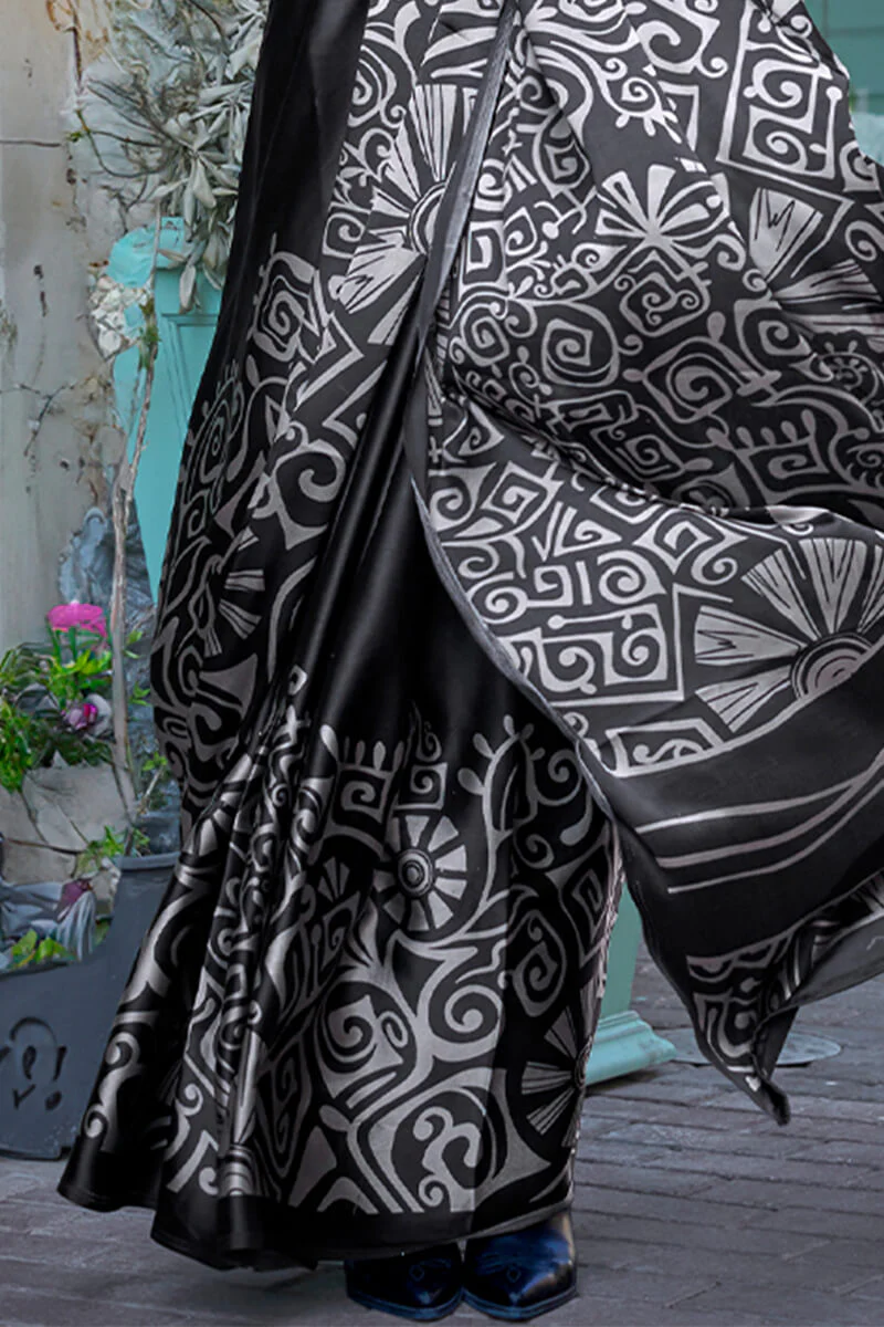 Twirling Black Digital Printed Satin Silk Saree With Arresting Blouse Piece - Image 3