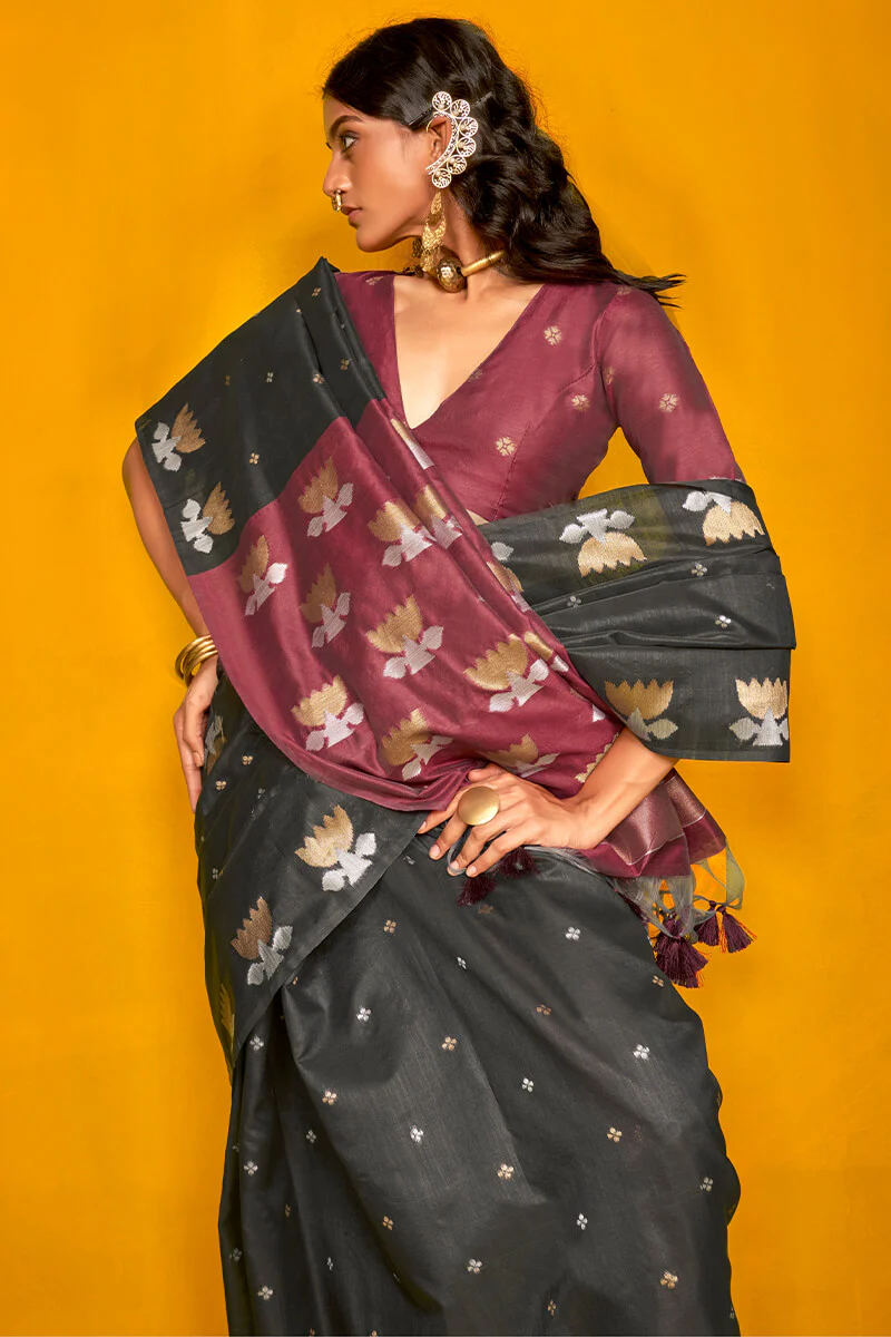 Twirling Black Soft Banarasi Silk Saree With Admirable Blouse Piece - Image 2