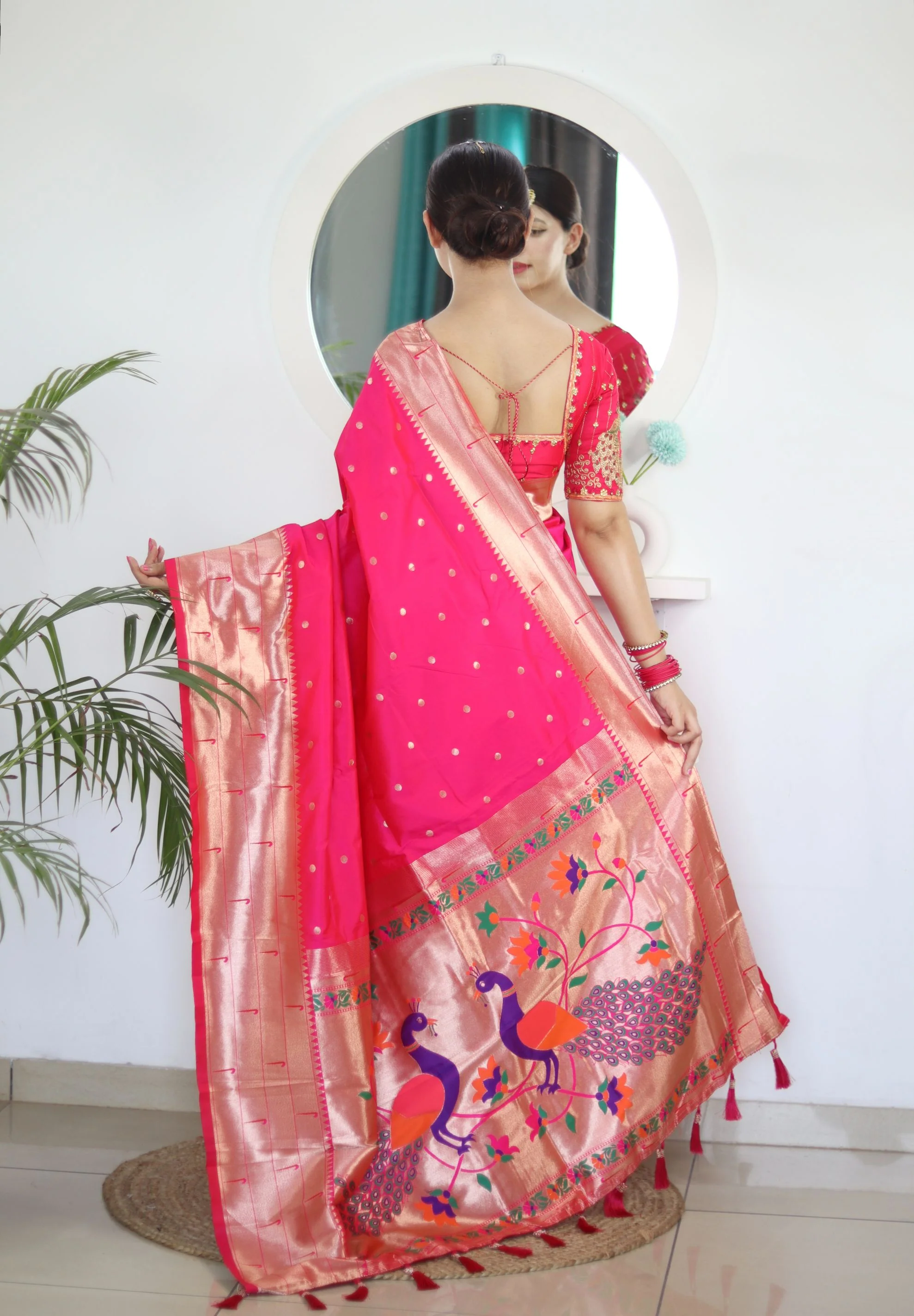 Twirling Dark Pink Paithani Silk Saree With Jazzy Blouse Piece - Image 6