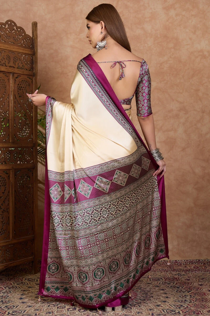 Twirling Off White Ajrakh Printed Semi Modal Silk Saree With Piquant Blouse Piece - Image 7