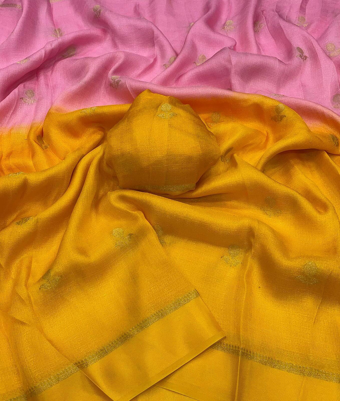 Twirling Pink and Yellow Banarasi Khadi Silk Saree With Effulgent Blouse Piece - Image 3