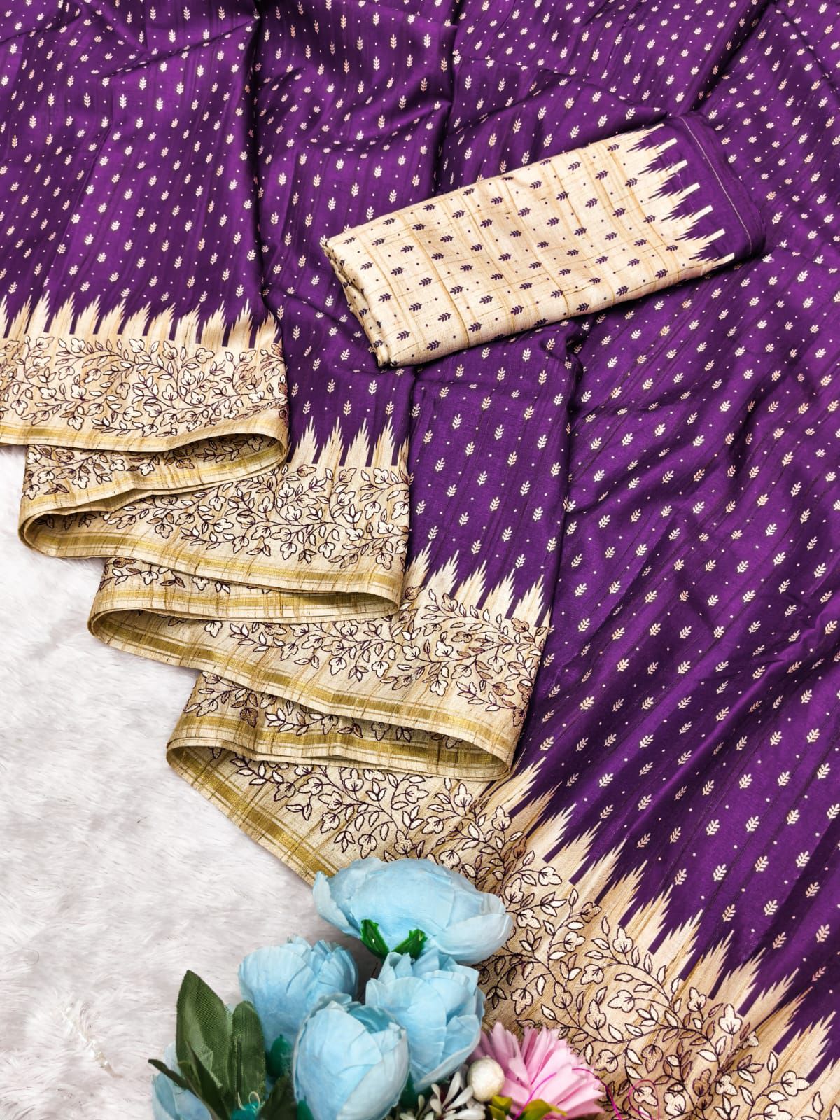 Twirling Purple Embroidery Work Tussar Silk Saree With Felicitous Blouse Piece - Image 4