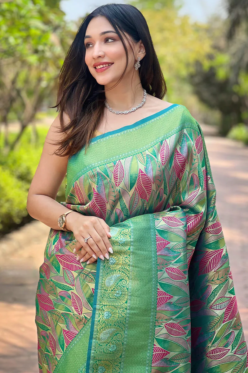 Twirling Sea Green Kanjivaram Silk Saree With Super Classy Blouse Piece - Image 2