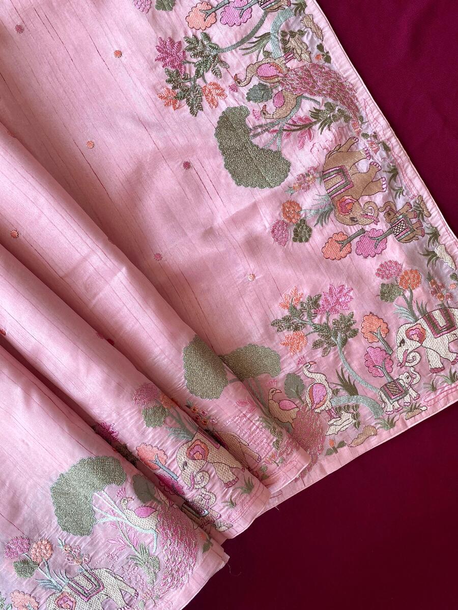 Unequalled Baby Pink Embroidery Work Tussar Silk Saree With Dalliance Blouse Piece - Image 3