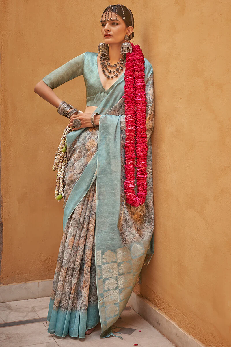 Unequalled Brown Digital Printed Cotton Silk Saree With Denouement Blouse Piece