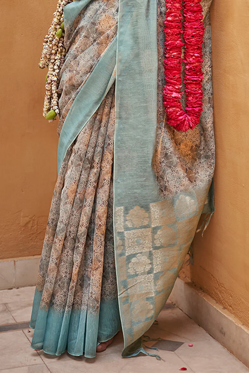 Unequalled Brown Digital Printed Cotton Silk Saree With Denouement Blouse Piece - Image 3