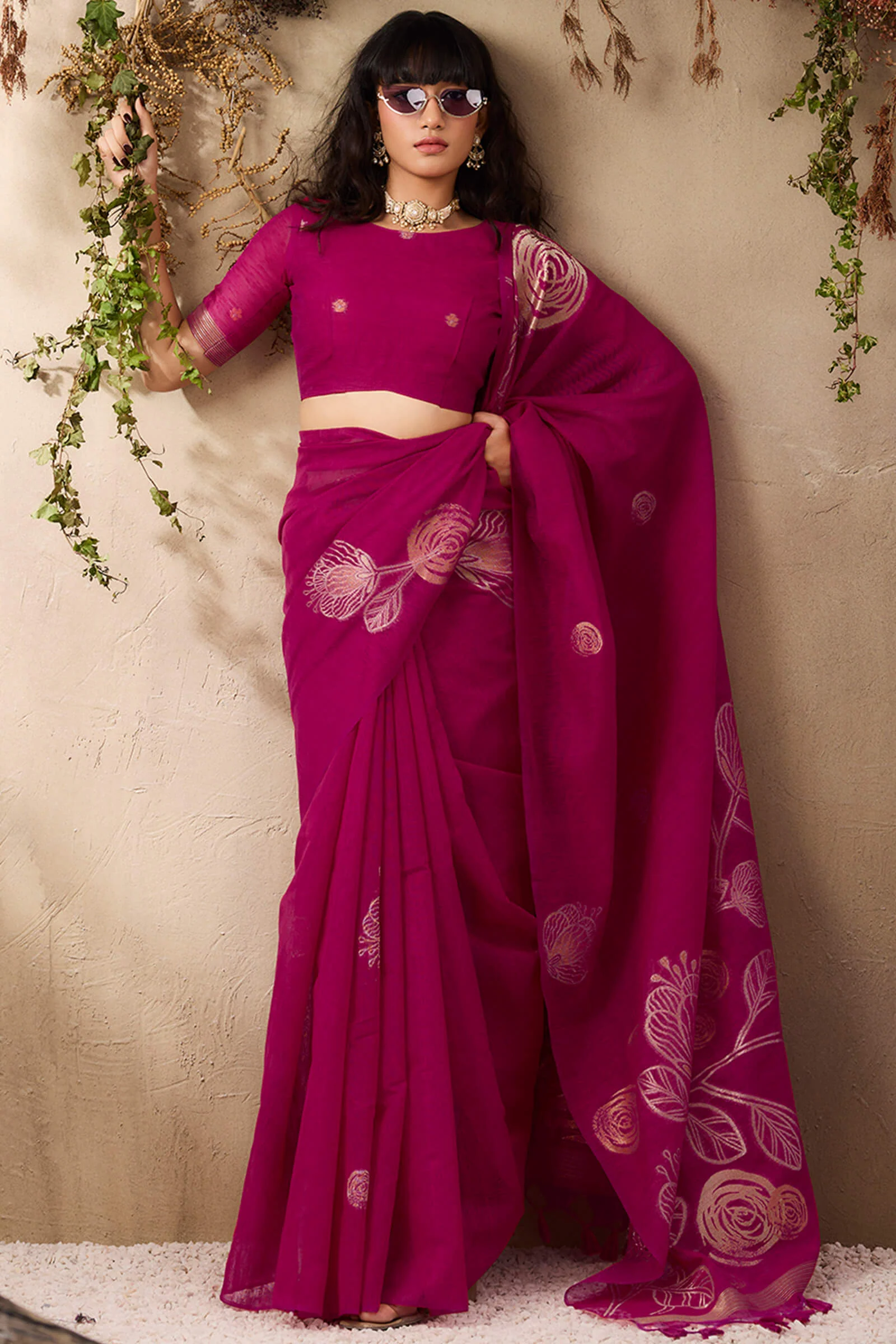 Unequalled Dark Pink Cotton Silk Saree With Bucolic Blouse Piece - Image 3