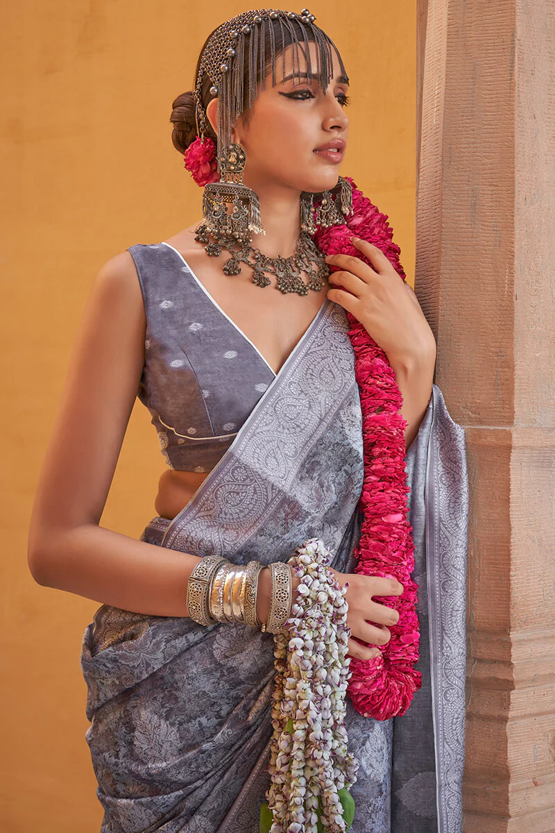 Unequalled Grey Digital Printed Cotton Silk Saree With Zephyr Blouse Piece - Image 2