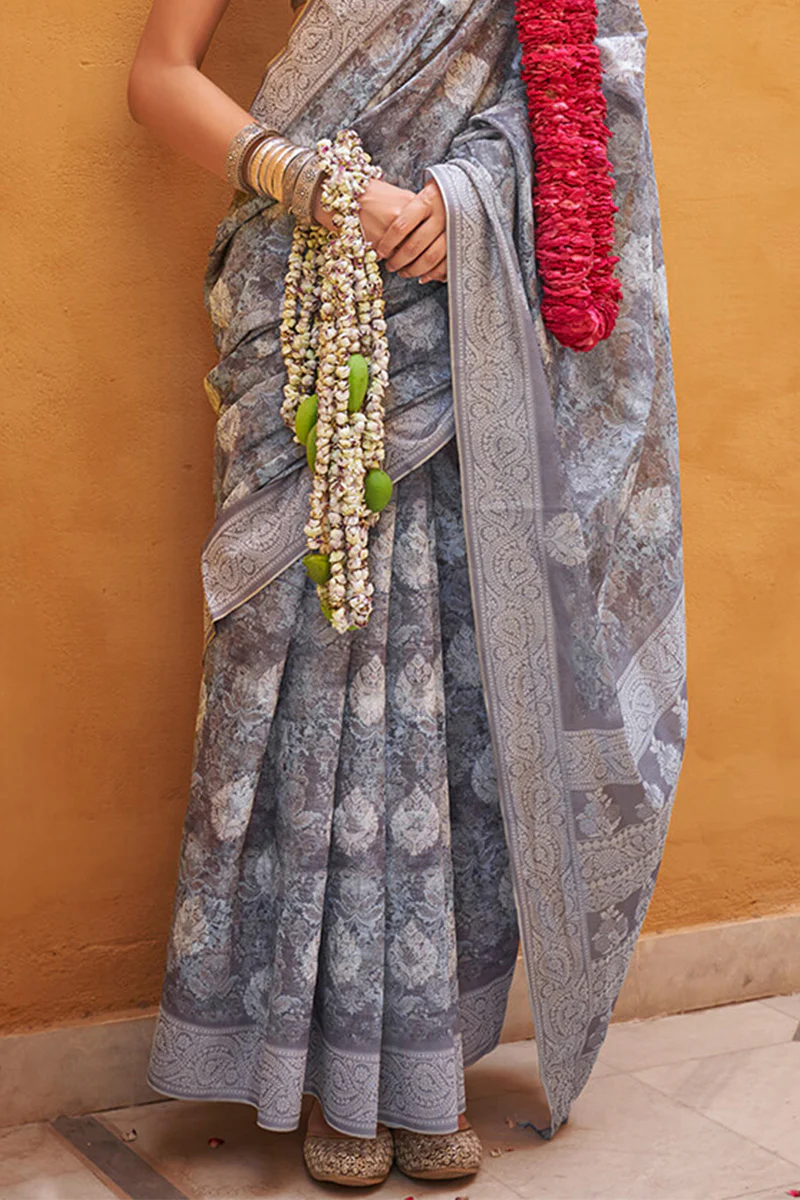 Unequalled Grey Digital Printed Cotton Silk Saree With Zephyr Blouse Piece - Image 3